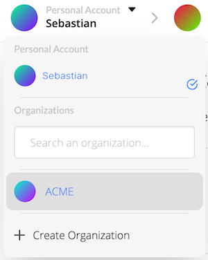 Switching organizations from the scope selector in the dashboard.